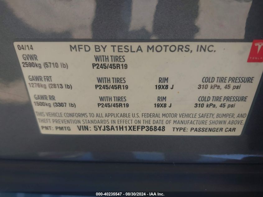 5YJSA1H1XEFP36848 2014 Tesla Model S P85