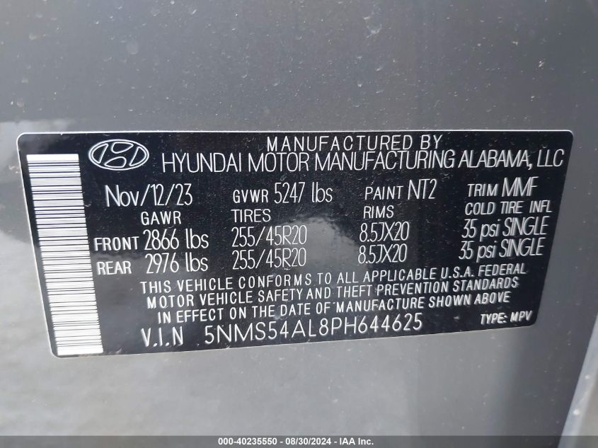 2023 Hyundai Santa Fe Calligraphy VIN: 5NMS54AL8PH644625 Lot: 40235550