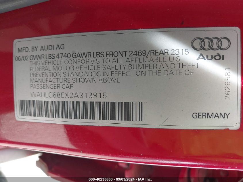 2002 Audi A4 1.8T VIN: WAULC68EX2A313915 Lot: 40235630