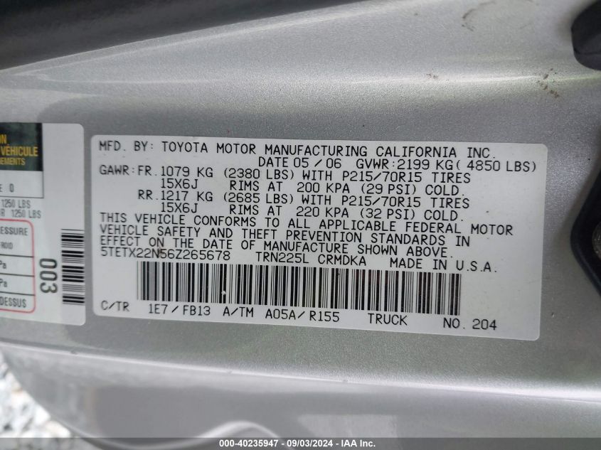 2006 Toyota Tacoma VIN: 5TETX22N56Z265678 Lot: 40235947