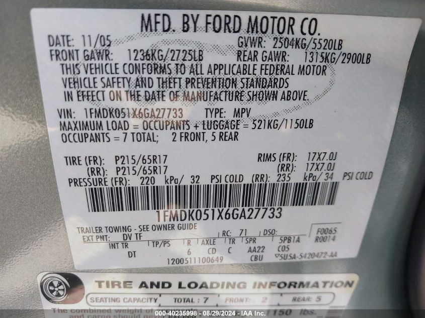 1FMDK051X6GA27733 2006 Ford Freestyle Sel