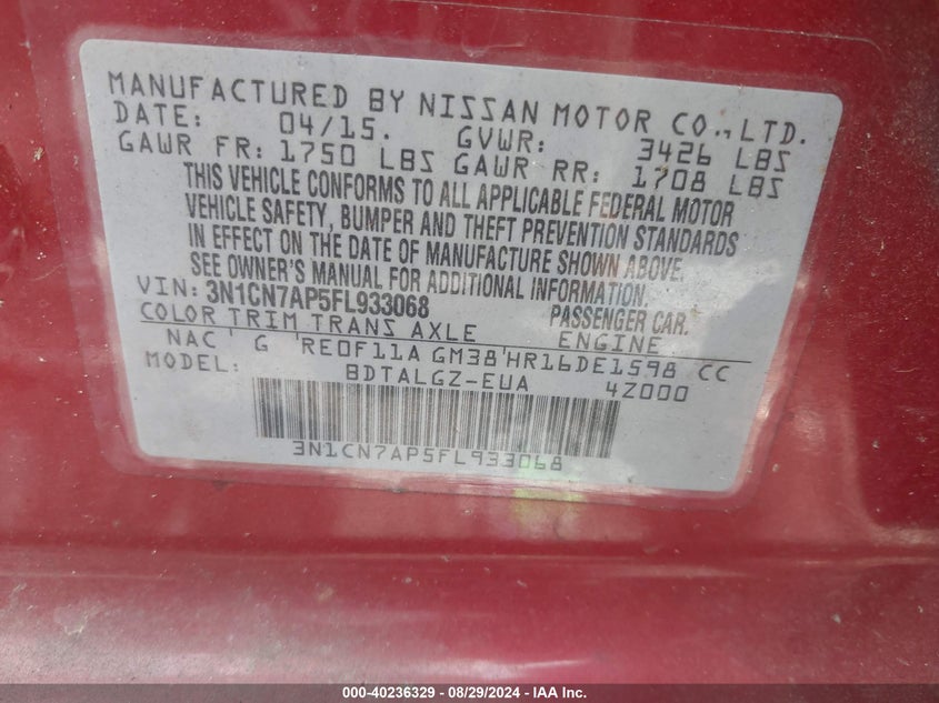 2015 Nissan Versa 1.6 Sl VIN: 3N1CN7AP5FL933068 Lot: 40236329