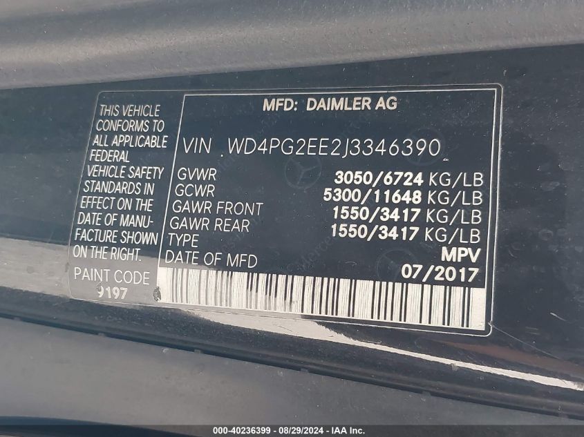 WD4PG2EE2J3346390 2018 Mercedes-Benz Metris