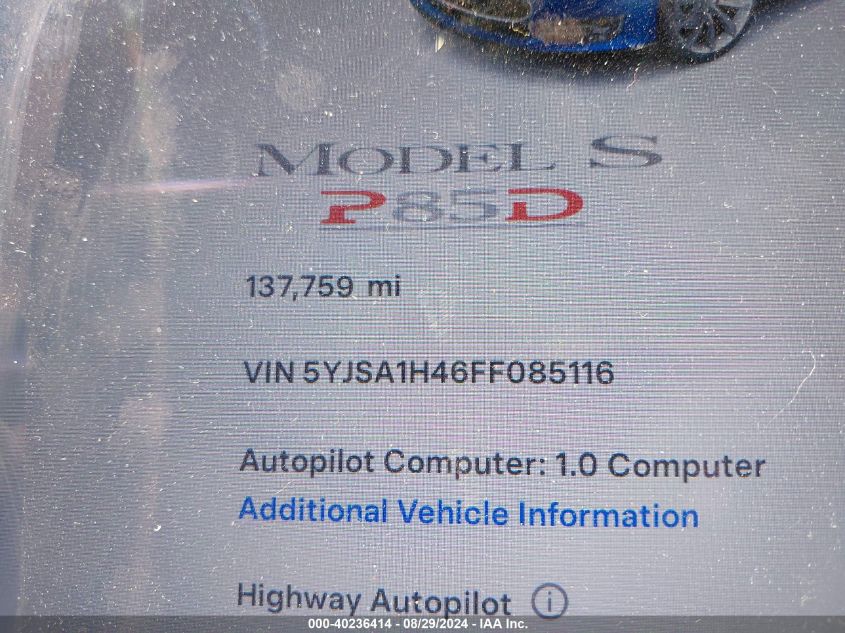 5YJSA1H46FF085116 2015 Tesla Model S 85D/P85D