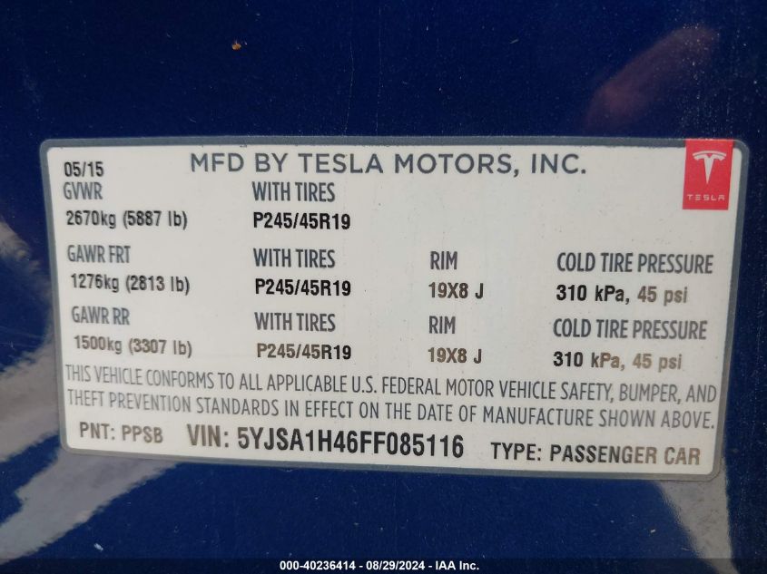 2015 Tesla Model S 85D/P85D VIN: 5YJSA1H46FF085116 Lot: 40236414