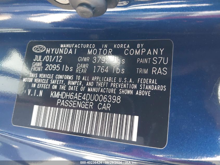 KMHDH6AE4DU006398 2013 Hyundai Elantra Se