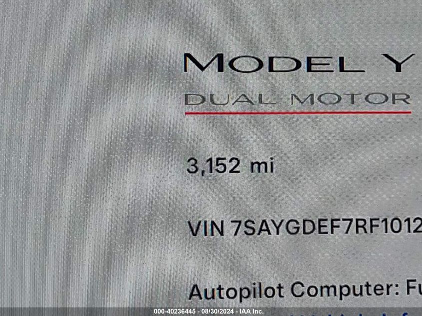 2024 Tesla Model Y Performance Dual Motor All-Wheel Drive VIN: 7SAYGDEF7RF101265 Lot: 40236445