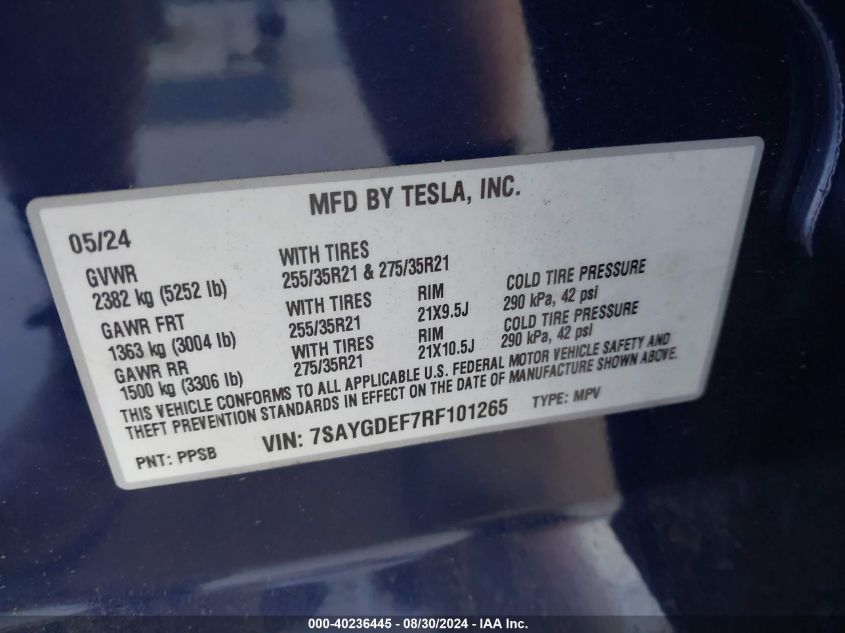 2024 Tesla Model Y Performance Dual Motor All-Wheel Drive VIN: 7SAYGDEF7RF101265 Lot: 40236445