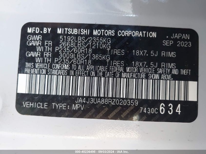 2024 Mitsubishi Outlander Es 2.5 2Wd VIN: JA4J3UA88RZ020359 Lot: 40236495