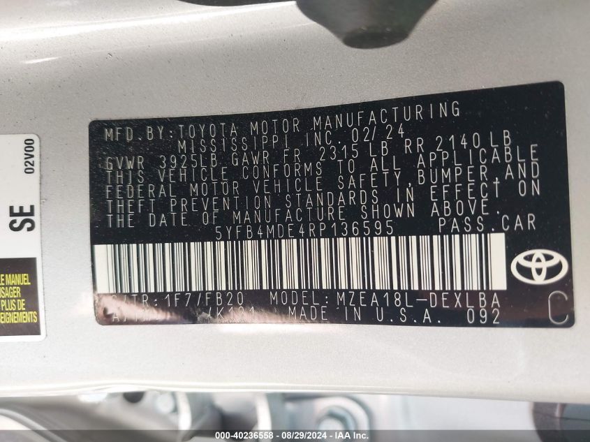 2024 TOYOTA COROLLA LE - 5YFB4MDE4RP136595