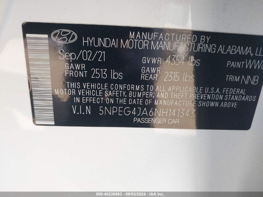 2022 Hyundai Sonata Se VIN: 5NPEG4JA6NH141343 Lot: 40236563