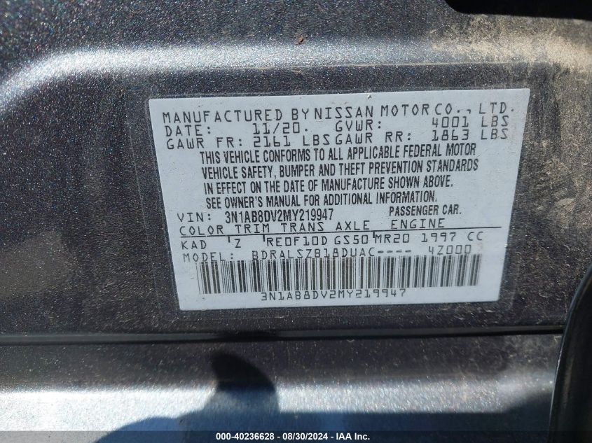 2021 Nissan Sentra Sr Xtronic Cvt VIN: 3N1AB8DV2MY219947 Lot: 40236628