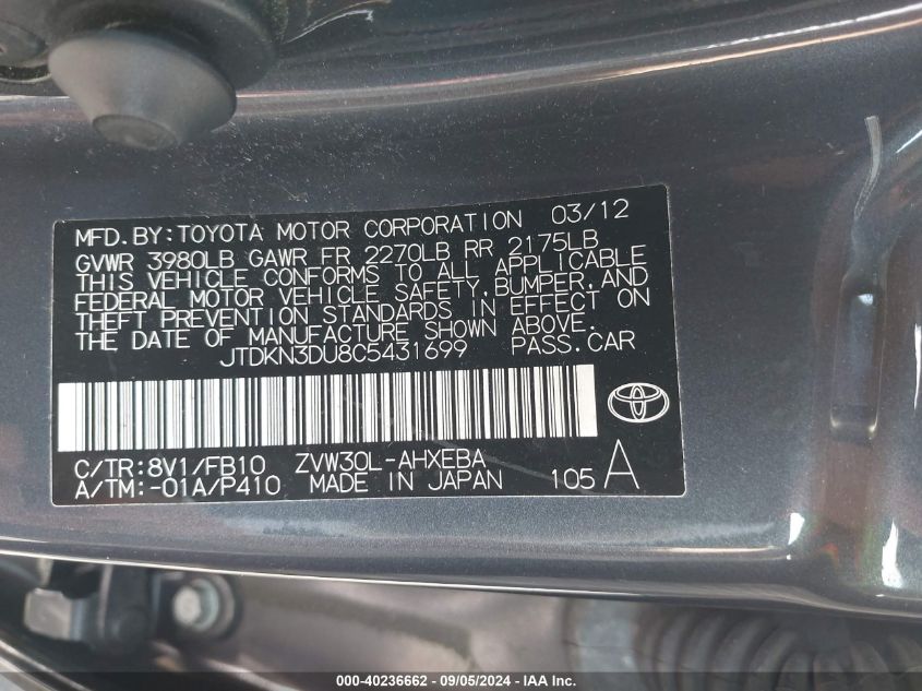 2012 Toyota Prius Three VIN: JTDKN3DU8C5431699 Lot: 40236662