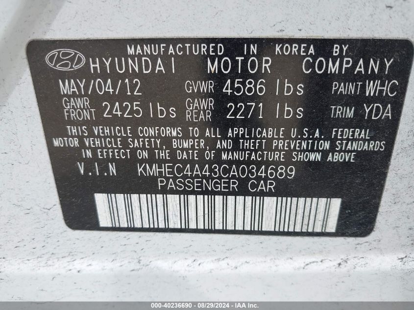 2012 Hyundai Sonata Hybrid VIN: KMHEC4A43CA034689 Lot: 40236690