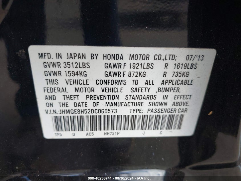 2013 HONDA FIT SPORT - JHMGE8H52DC060573