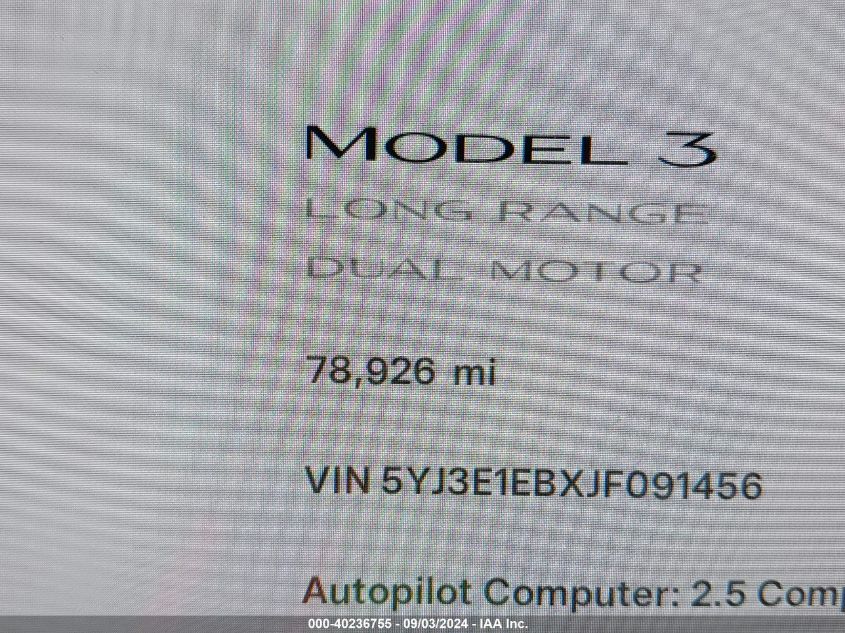 2018 Tesla Model 3 Long Range/Performance VIN: 5YJ3E1EBXJF091456 Lot: 40236755