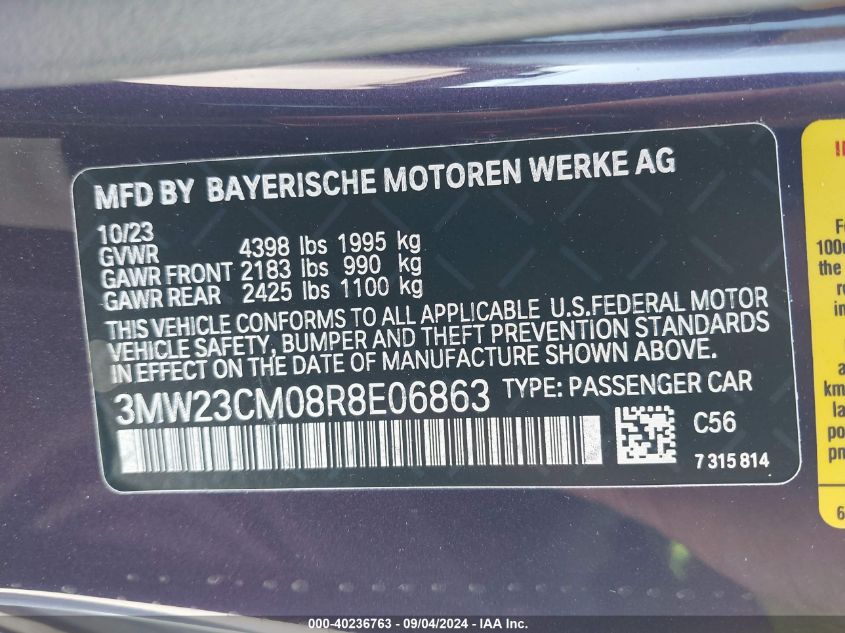 2024 BMW 230 I VIN: 3MW23CM08R8E06863 Lot: 40236763