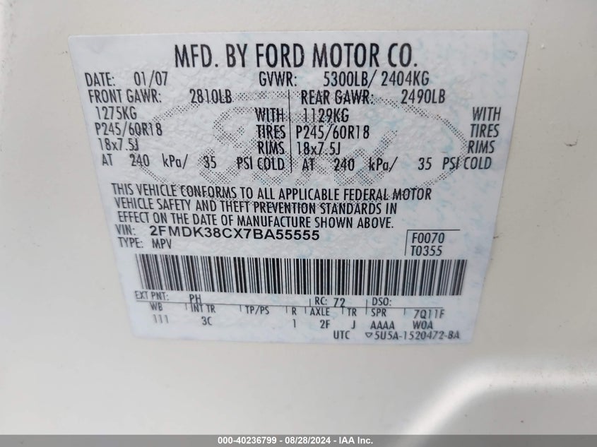 2007 Ford Edge Sel VIN: 2FMDK38CX7BA55555 Lot: 40236799