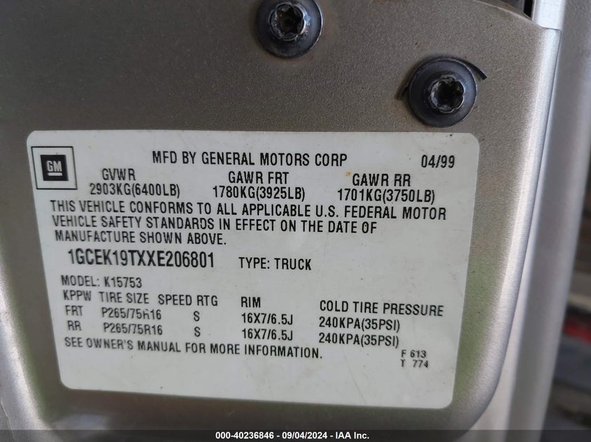 1GCEK19TXXE206801 1999 Chevrolet Silverado 1500 Lt