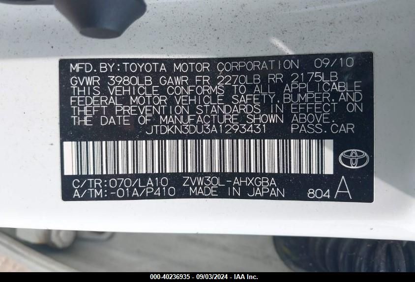 2010 Toyota Prius Iv VIN: JTDKN3DU3A1293431 Lot: 40236935