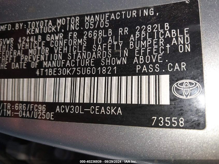 4T1BE30K75U601821 2005 Toyota Camry Se