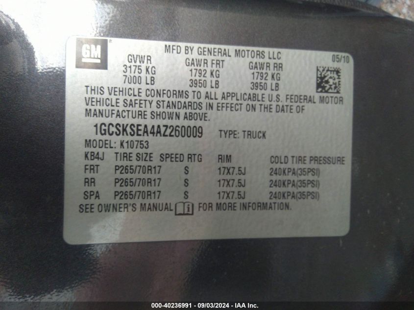 2010 Chevrolet Silverado 1500 Lt VIN: 1GCSKSEA4AZ260009 Lot: 40236991