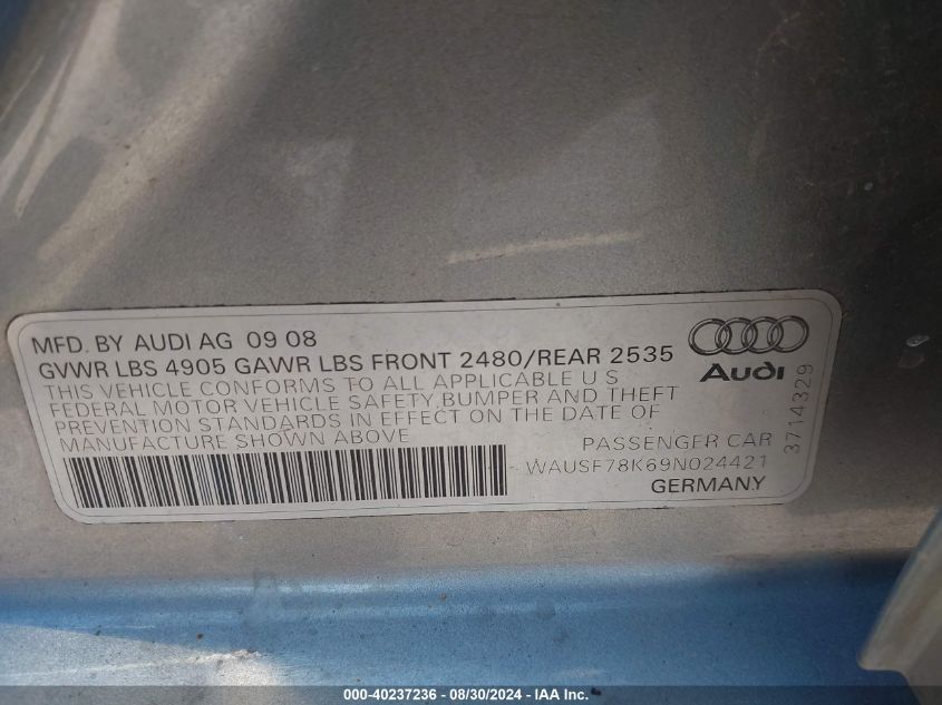 2009 Audi A4 2.0T Premium VIN: WAUSF78K69N024421 Lot: 40237236