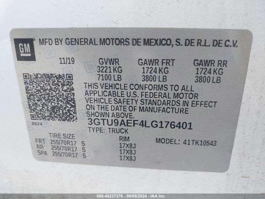 2020 GMC Sierra K1500 VIN: 3GTU9AEF4LG176401 Lot: 40237376