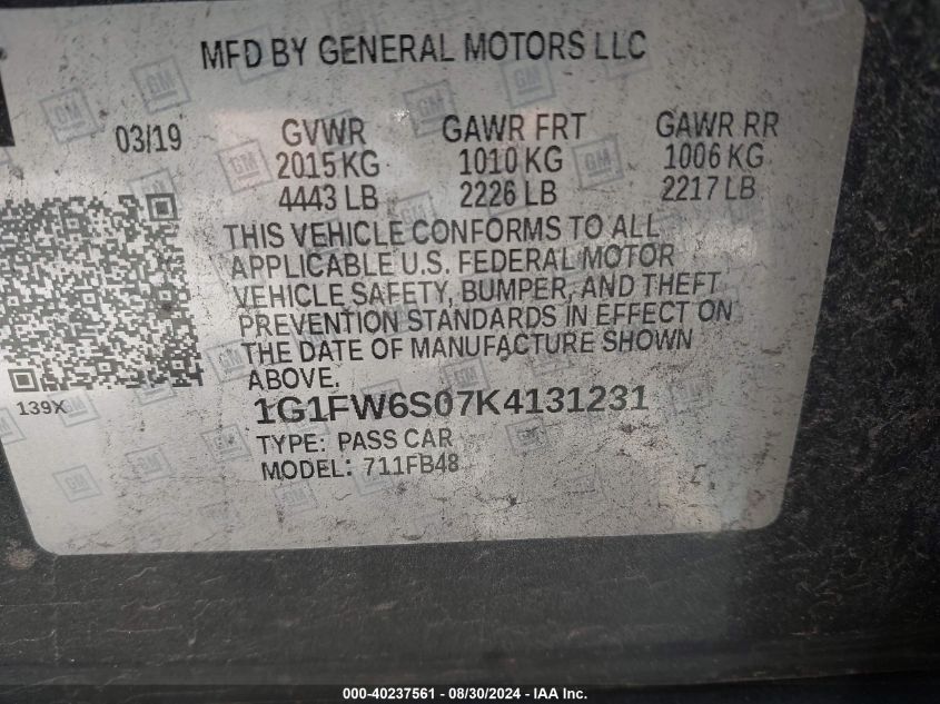 1G1FW6S07K4131231 2019 Chevrolet Bolt Ev Lt