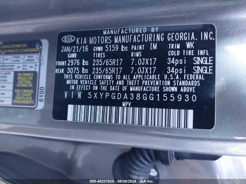 2016 KIA SORENTO 2.4L LX - 5XYPGDA38GG155930