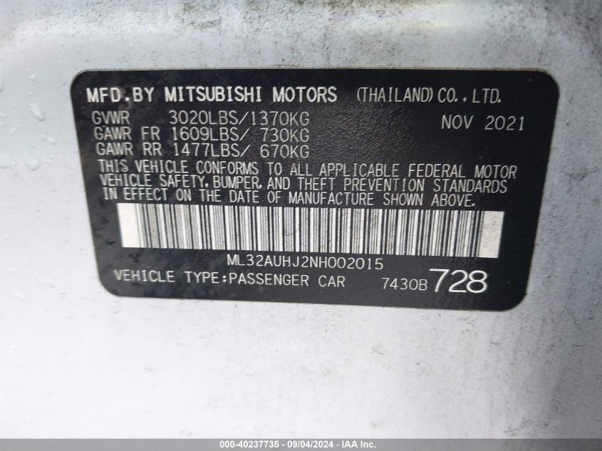 2022 Mitsubishi Mirage Es/Le VIN: ML32AUHJ2NH002015 Lot: 40237735