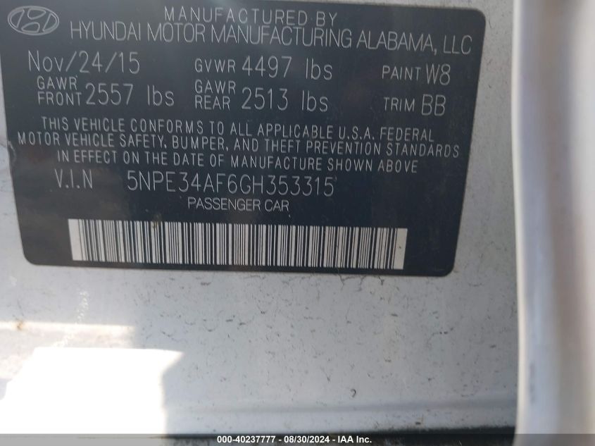 5NPE34AF6GH353315 2016 Hyundai Sonata Sport