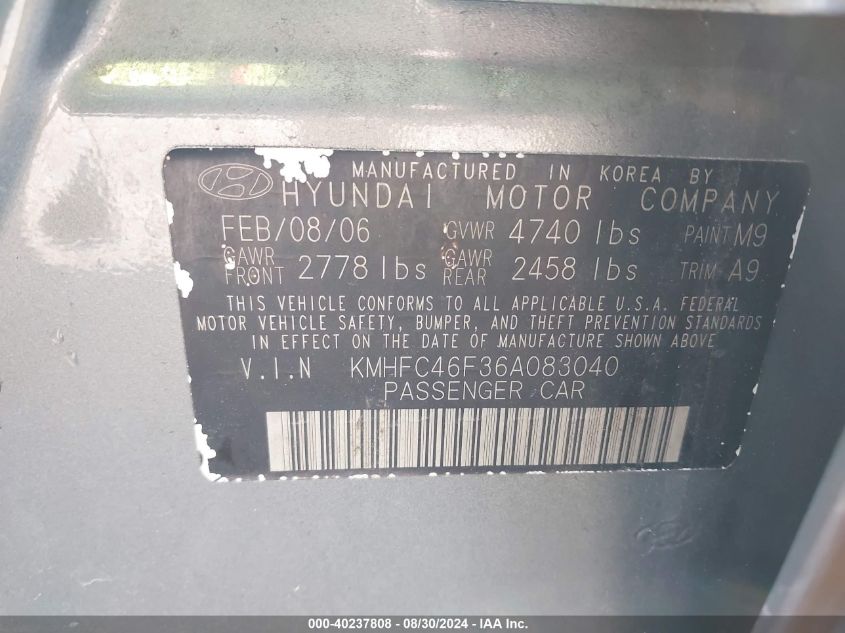 KMHFC46F36A083040 2006 Hyundai Azera Limited/Se