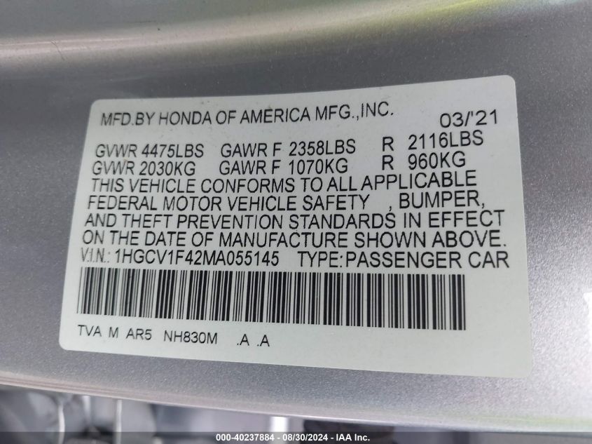 2021 Honda Accord Sport Special Edition VIN: 1HGCV1F42MA055145 Lot: 40237884