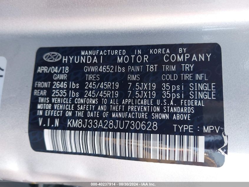 KM8J33A28JU730628 2018 Hyundai Tucson Limited