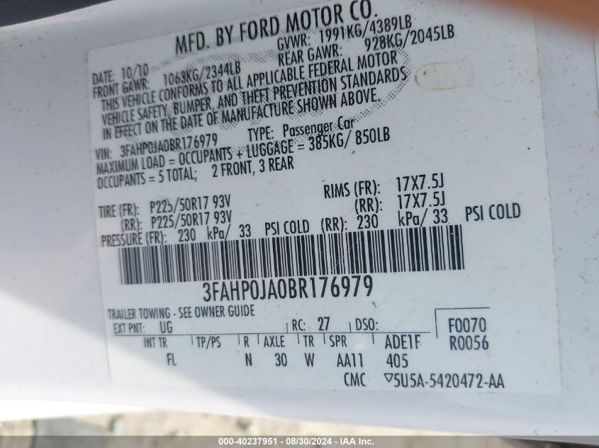 2011 Ford Fusion Sel VIN: 3FAHP0JA0BR176979 Lot: 40237951