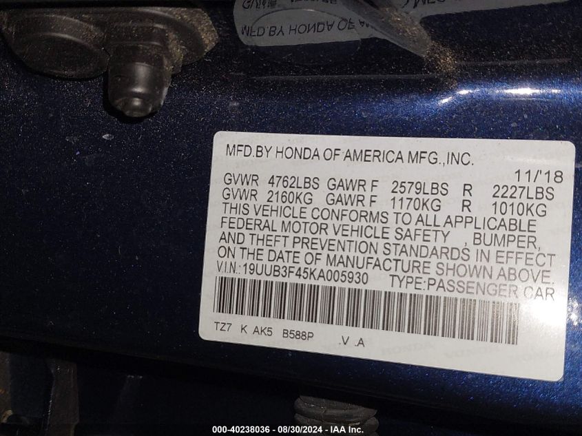 2019 Acura Tlx Tech Pkg VIN: 19UUB3F45KA005930 Lot: 40238036