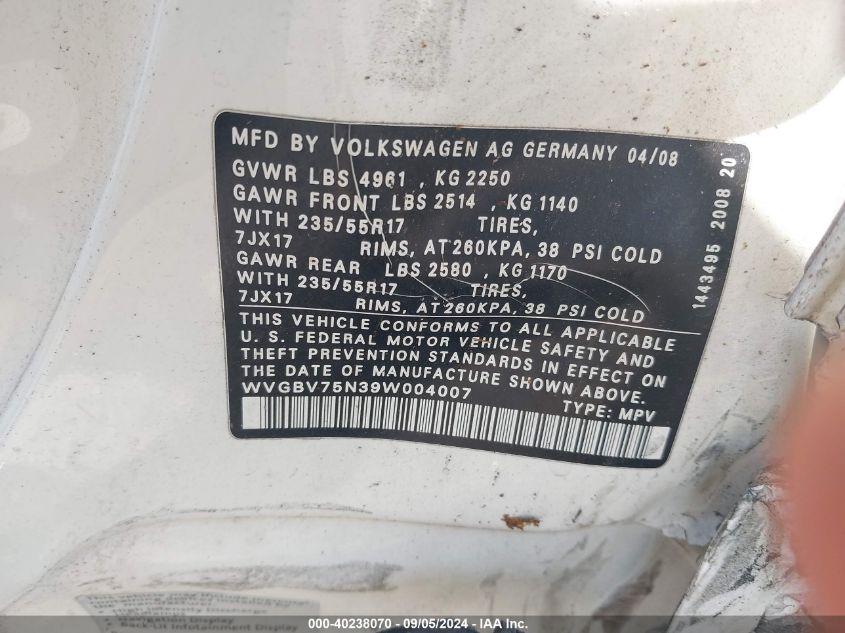 WVGBV75N39W004007 2009 Volkswagen Tiguan Se/Sel