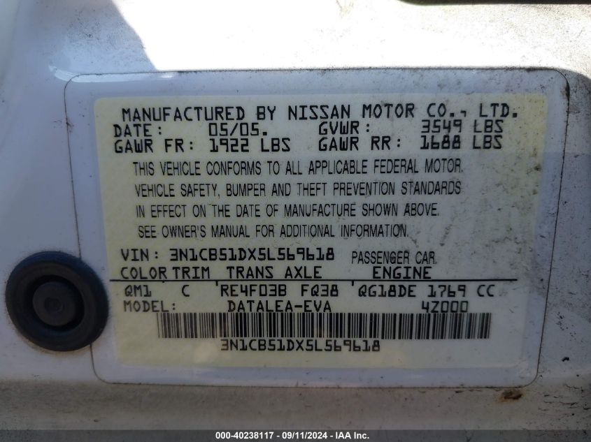 2005 Nissan Sentra 1.8/1.8S VIN: 3N1CB51DX5L569618 Lot: 40238117