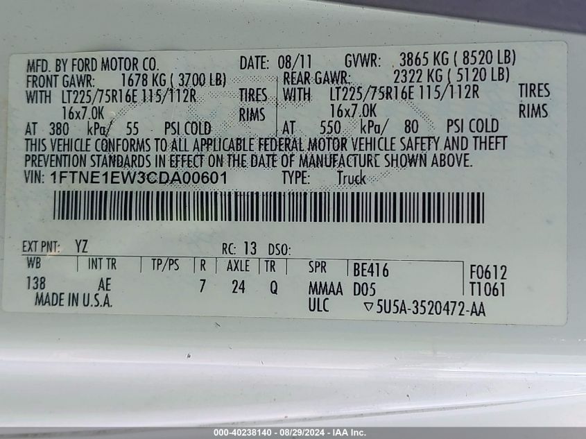 2012 Ford E-150 Commercial VIN: 1FTNE1EW3CDA00601 Lot: 40238140