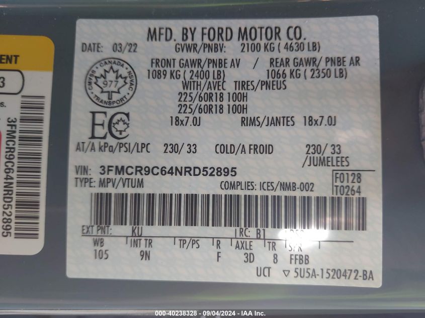 3FMCR9C64NRD52895 2022 Ford Bronco Sport Outer Banks