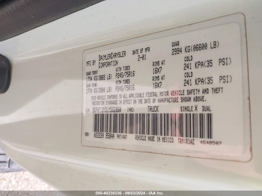 2001 Dodge Ram 1500 St VIN: 3B7HF13Y31M552860 Lot: 40238336