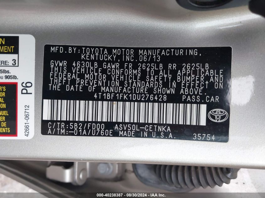 2013 Toyota Camry Le VIN: 4T1BF1FK1DU276428 Lot: 40238387