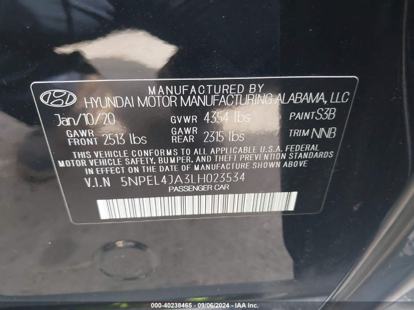 2020 Hyundai Sonata Sel VIN: 5NPEL4JA3LH023534 Lot: 40238465