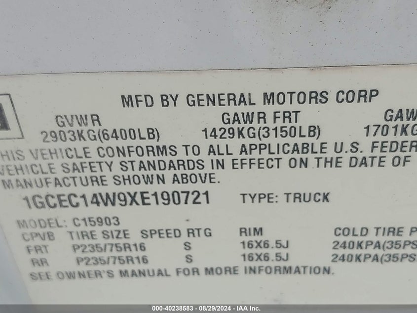 1999 Chevrolet Silverado 1500 VIN: 1GCEC14W9XE190721 Lot: 40238583