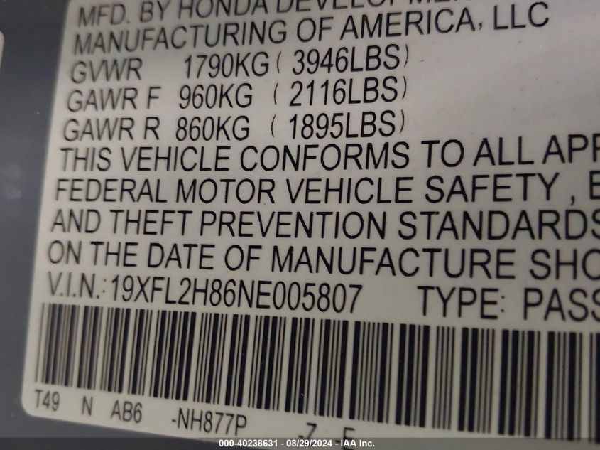 2022 Honda Civic Sport VIN: 19XFL2H86NE005807 Lot: 40238631