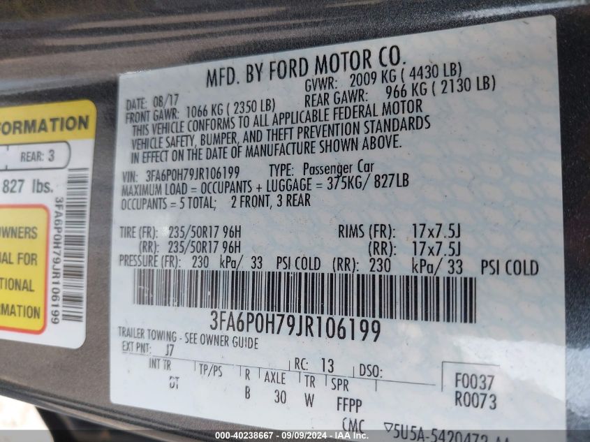 2018 FORD FUSION SE - 3FA6P0H79JR106199