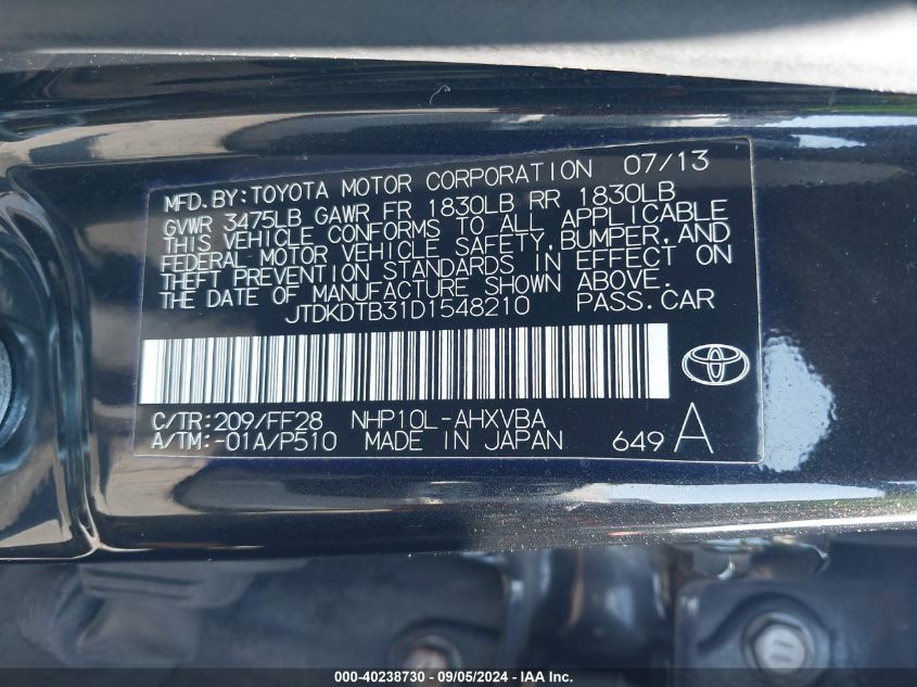 2013 Toyota Prius C VIN: JTDKDTB31D1548210 Lot: 40238730