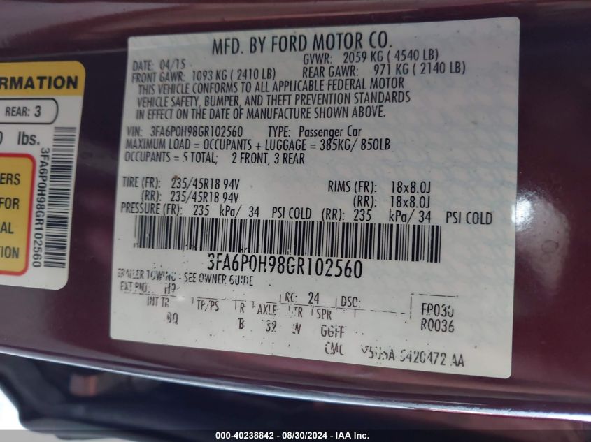 2016 Ford Fusion Se VIN: 3FA6P0H98GR102560 Lot: 40238842