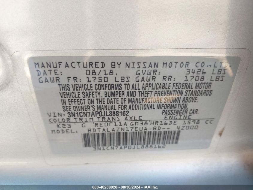 3N1CN7AP0JL888162 2018 Nissan Versa 1.6 S+